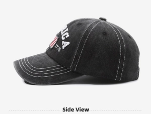 Detailed side view of washed gray denim baseball cap with America 1776 embroidery