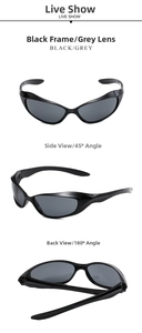 Three views of Y2K cat-eye sunglasses with black frames and grey lenses from multiple angles