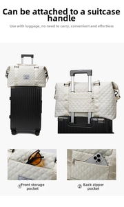 Detail of quilted travel bag featuring a luggage trolley sleeve and functional storage pockets