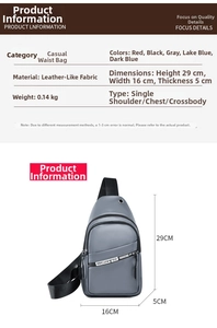 Detailed view of gray water-resistant chest bag with dimensions 29x16x5cm and 0.14kg weight