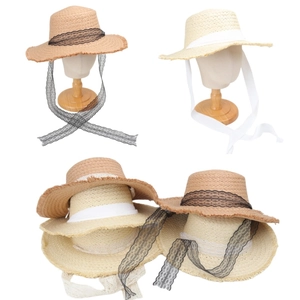 Women Straw Sun Hat Wide Brim Flat Top Lace Ribbon Ties Frayed Edge Beach Vacation Elegant