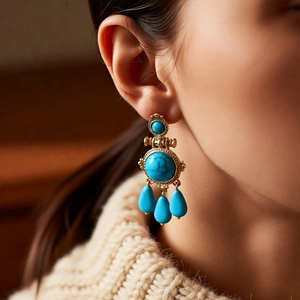 Close-up of vintage gold earrings with turquoise beads on a model wearing beige