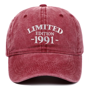 Red washed cotton baseball cap with Limited Edition 1991 white embroidery on front