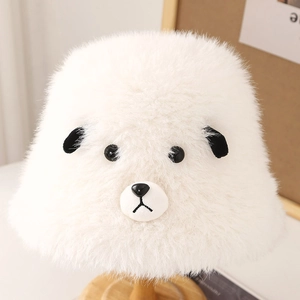 Cute white plush lamb bucket hat with soft faux fur ears for cozy winter warmth