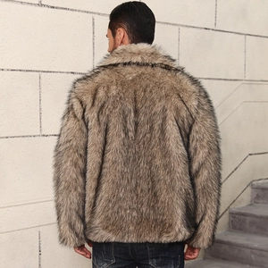 Men's stylish brownish-grey faux fur jacket with lapel collar, back view on model