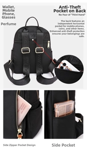 Detail view of black nylon backpack featuring anti-theft back pocket and side compartments