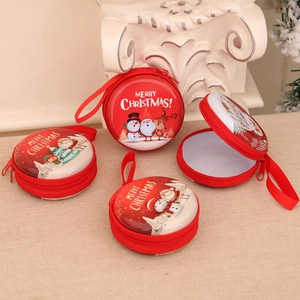 Christmas Round Coin Purse Tinplate Storage Bag With Zipper Lanyard Cartoon Santa Snowman For Party Favors Holiday Gifts