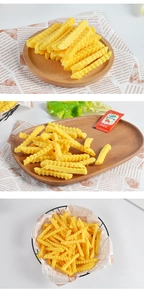 Realistic PVC crinkle-cut fries props displayed in wooden platters and a metal basket