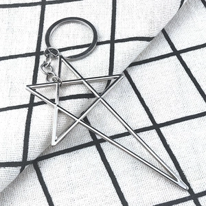 Detail of silver star pendant on a polished metal keychain over a checkered fabric