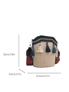 Detailed dimensions of a bohemian woven bucket bag with tassels and patterned strap