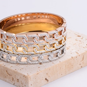 Three fashion crossover chain bangles in rose gold, gold and silver with full rhinestones