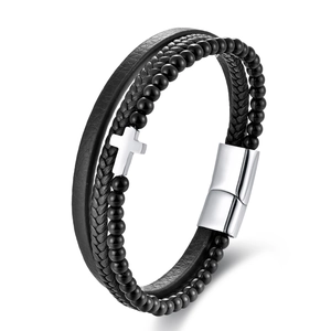 Men's multilayer black leather bracelet with silver metal cross and magnetic clasp