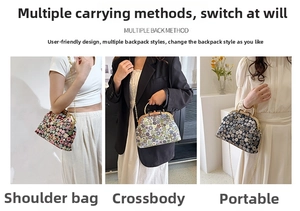 Detailed views of floral print kiss-lock bags showing crossbody, shoulder, and handbag modes