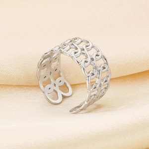 Macro view of silver hollow chain design on adjustable stainless steel ring