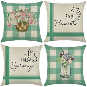 Set of 4 spring floral and green plaid linen pillow covers for home living room decor