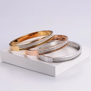 Minimalist 18k gold plated stainless steel bangles with sparkling crystals and chain texture