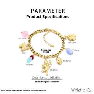 Detail of gold stainless steel charm bracelet with cupid angel and heart pendants