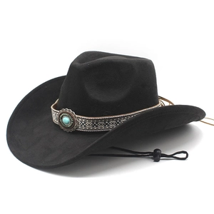 Classic black wool western cowboy hat with turquoise stone band and adjustable chin strap