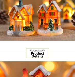 Detail of miniature Christmas house with snow-covered roof and warm LED lights