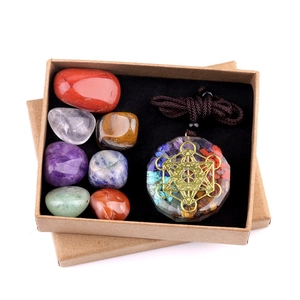 Chakra resin pendant set with 7 raw natural healing crystals in a black gift box