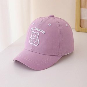 Close-up of cute bear embroidery and Hi there text on light purple cotton baseball cap