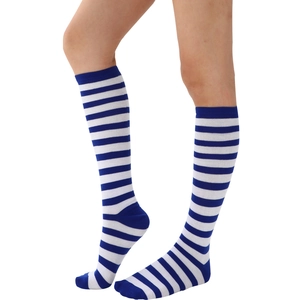 Detail view of blue and white striped knee-high socks showing the pattern and fit