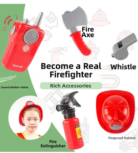 Detailed set of kids firefighter roleplay accessories with helmet and fire extinguisher