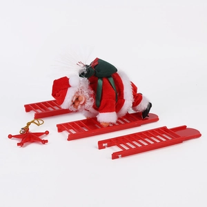 Detail of electric Santa climbing a red ladder with star accessory on white background