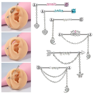 Boucles D'oreilles Barbell Industriel En Acier Inoxydable Avec Chaîne Cœur Lune Papillon Pendentif Zircone Cubique Bijoux