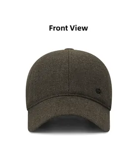 Detailed front view of warm dark gray baseball cap with thick winter fabric and side logo