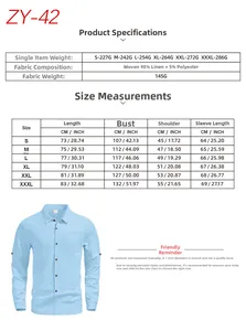 Detailed size chart for men's linen blend button down shirt with fabric weight and dimensions