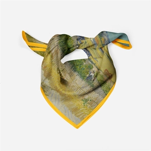 Detailed view of Van Gogh style oil painting silk scarf with elegant knotted styling