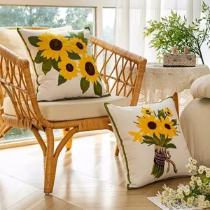 Luxurious American pastoral sunflower embroidered decorative throw pillows on a rattan chair