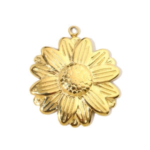 Golden stainless steel sunflower pendant featuring detailed petals and polished finish