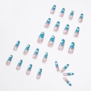Blue and pink gradient press-on nails with white clouds, rhinestones and star patterns