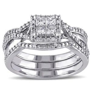 Anello Halo Grappolo Quadrato Principessa Lusso Rame Zirconia Fascia Intrecciata Incrociata Colore Argento Gioielli Matrimonio Fidanzamento Donne