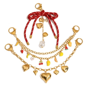 18K gold heart and fruit charms set with red woven bow for handbag decoration