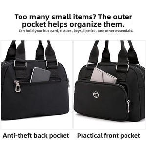 Detail view of the functional front pocket and anti-theft back zip pocket on nylon handbag