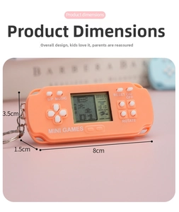 Detailed view of the mini retro game console keychain showing dimensions 8cm by 3.5cm
