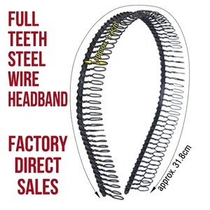 Detailed view of flexible black steel wire headband with dimensions 31.8cm by 1.8cm