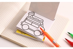 Detail of a kids coloring book showing a cartoon ice cream truck with colorful markers