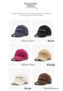 Six-color grid display of cotton baseball caps with letter and number embroidery details