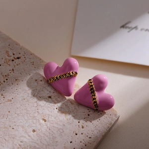 Luxury pink heart stud earrings with gold chain detail for women elegant jewelry