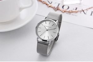 Elegant 36mm silver women's watch with mesh band on textured white background