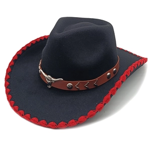 Black felt western cowboy hat with red stitched edge and silver bull head leather belt