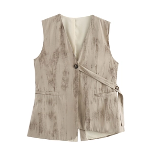 Completi Gilet Senza Maniche E Pantaloni A Gamba Larga Donna Scollo A V Stampa Grana Del Legno Retro Francese Casual