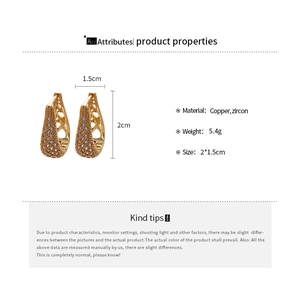Detailed spec sheet for gold U-shaped zircon earrings showing dimensions 2x1.5cm and 5.4g weight