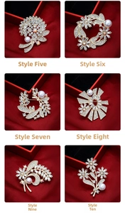 Detailed set of six crystal brooches with pearls in red jewelry gift boxes