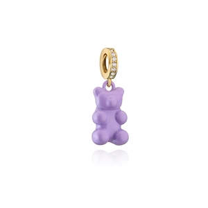Detailed view of a purple enamel teddy bear pendant with a gold zircon encrusted bail