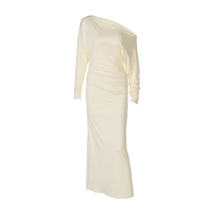 Detailed close-up of cream off-shoulder long dress with side ruching and pleated fabric texture